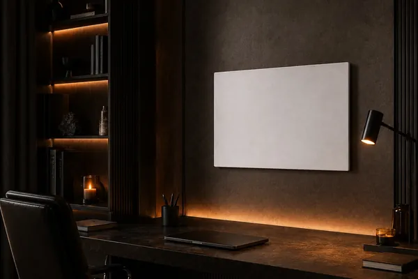 Arbeitszimmer mit Infrarotpaneel an der Wand über dem Schreibtisch