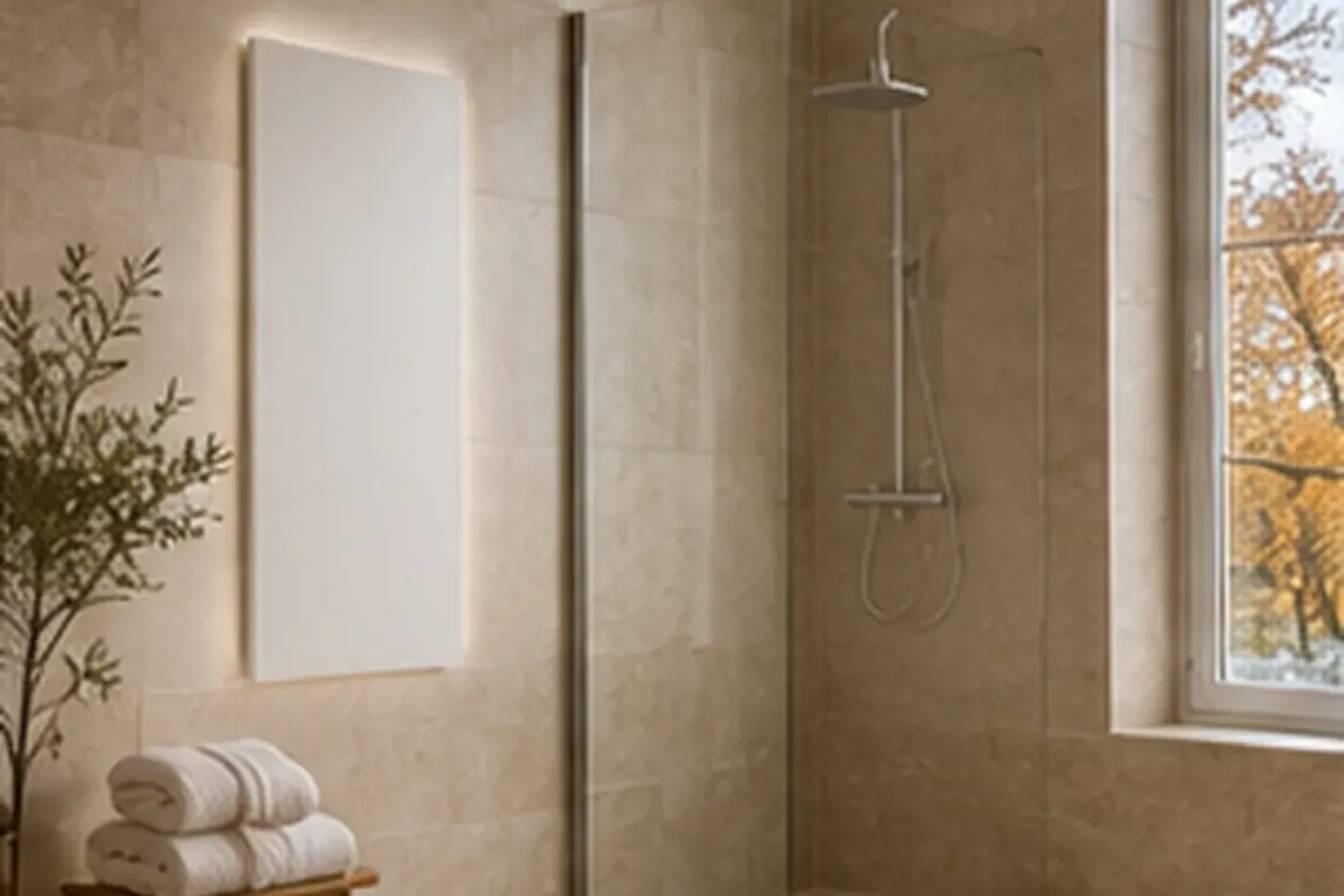 Badezimmer am Morgen mit Infrarotheizung an der Wand