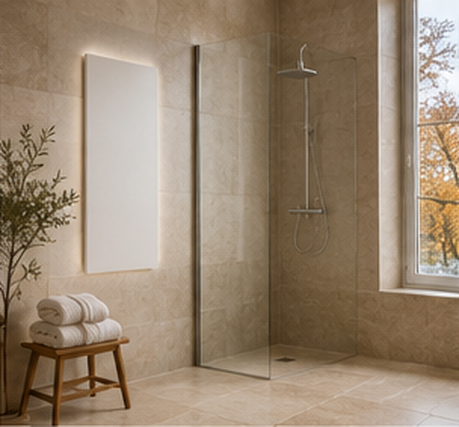 Badezimmer am Morgen mit Infrarotheizung an der Wand