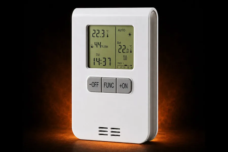 Programmierbares Funk-Thermostat mit Anzeige von Raumtemperatur, Solltemperatur und Zeitprogramm