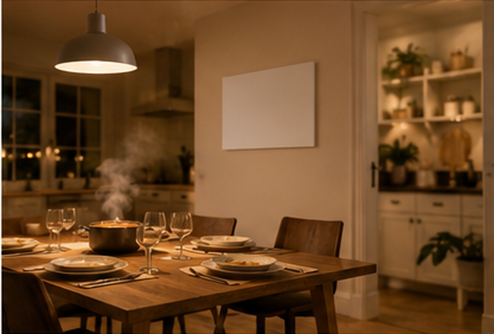 Essbereich mit Infrarot-Heizpaneel an der Wand
