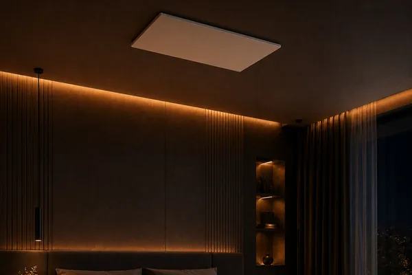 Schlafzimmer mit Infrarotpaneel an der Decke