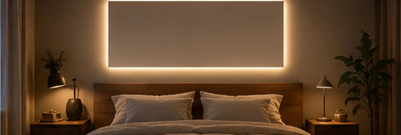 Schlafzimmer mit hinterleuchtetem Infrarotpaneel über dem Bett