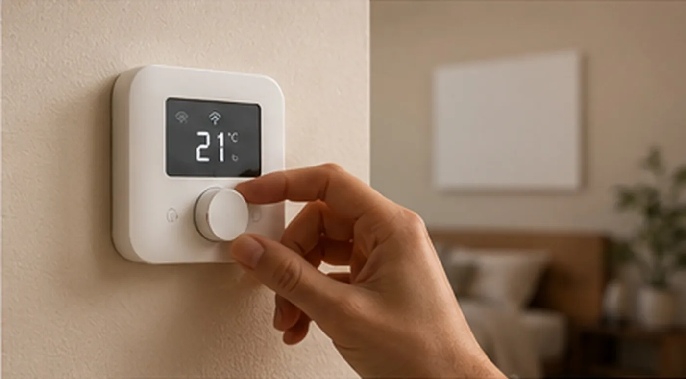 Hand bedient ein Funk-Thermostat an der Wand