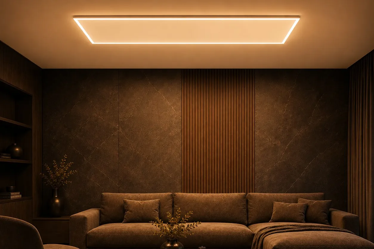 Wohnzimmer mit Infrarotpaneel an der Decke statt Speicherofen an der Wand