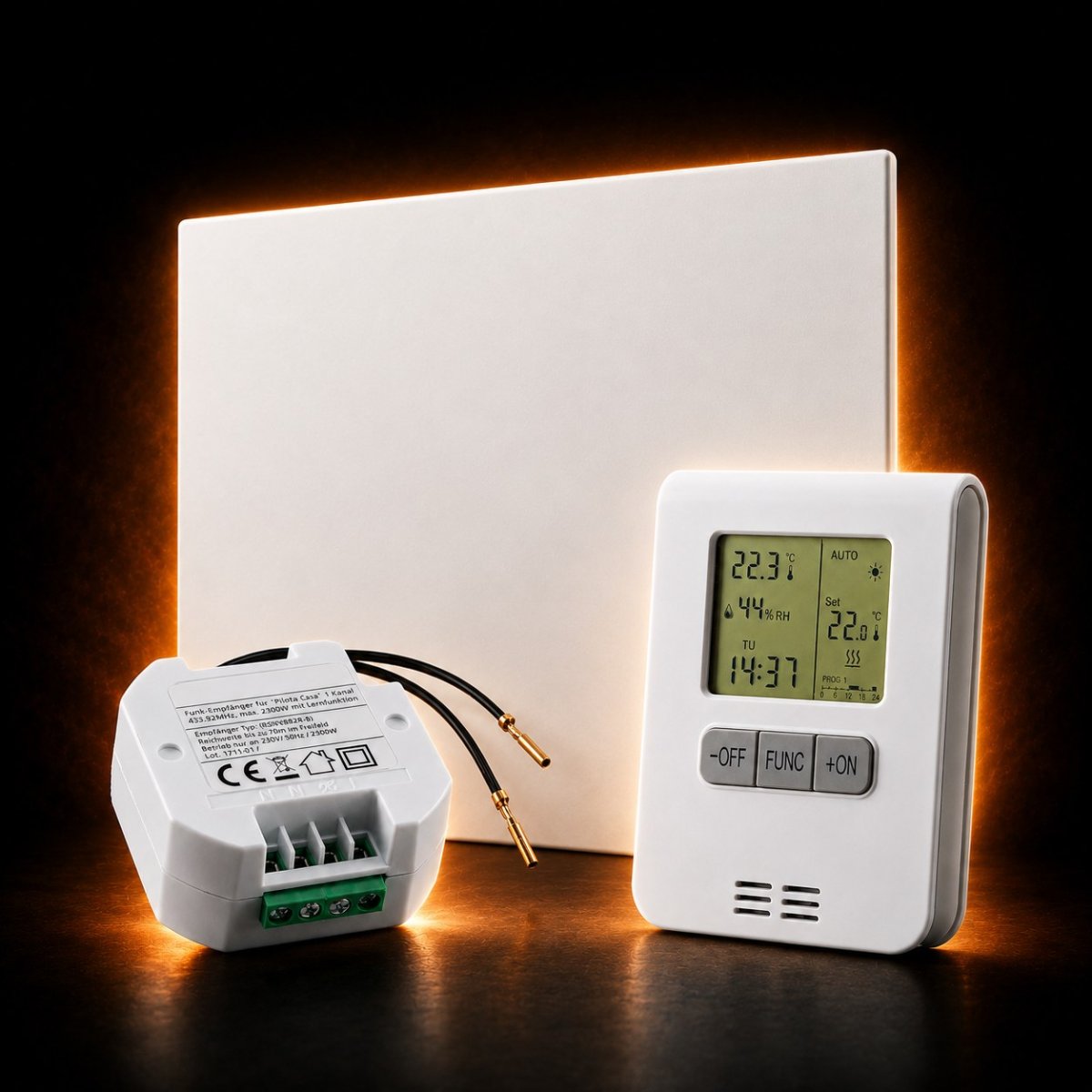 Infrarotheizung 160 W mit Thermostat · Festanschluss für Bad & WC · Set bis 1,5 m²